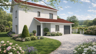 maison blanche et jardin fleuri